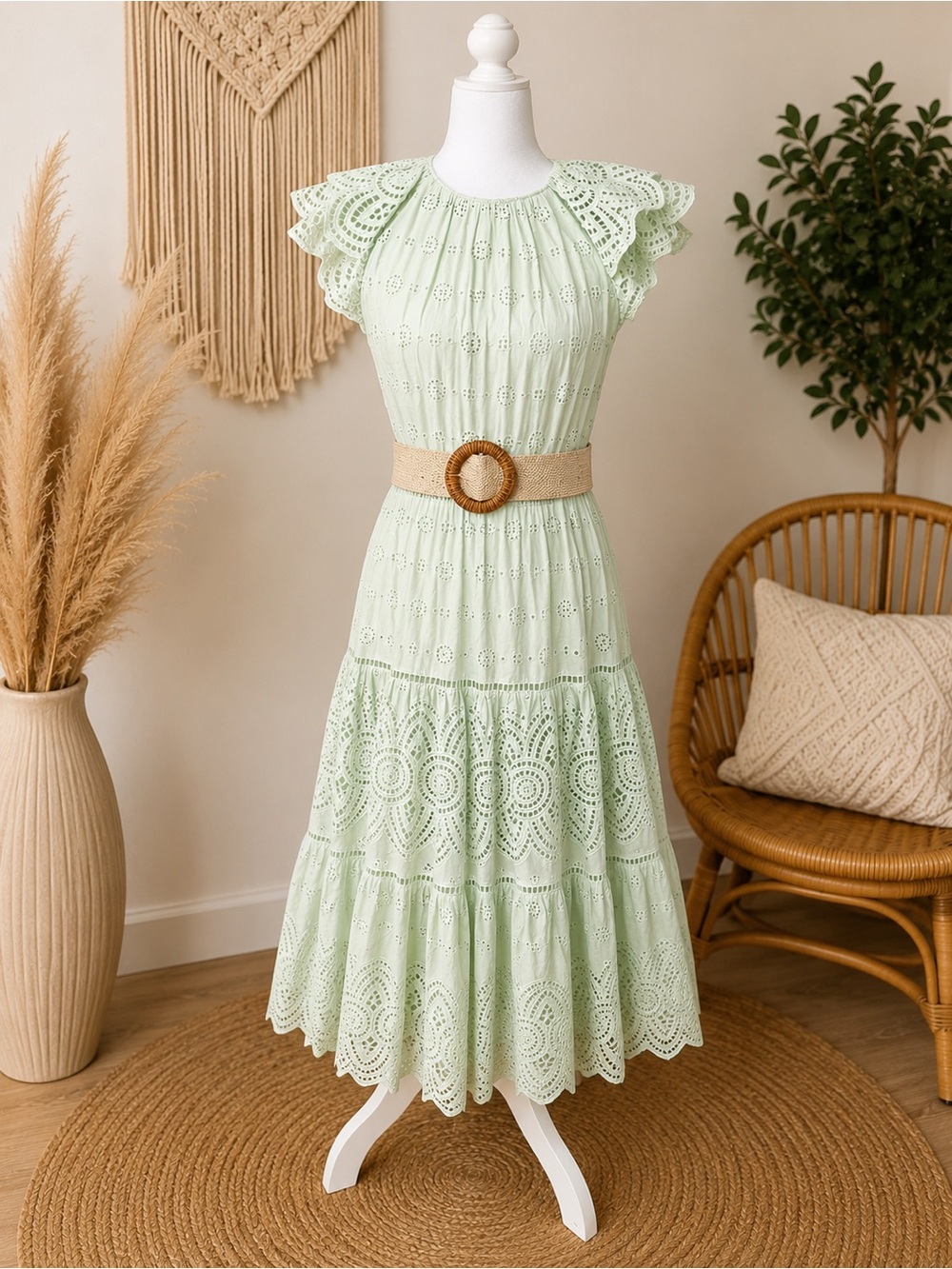 ANTONIO MELANI Mint Eyelet Midi Dress with Scalloped Sleeves